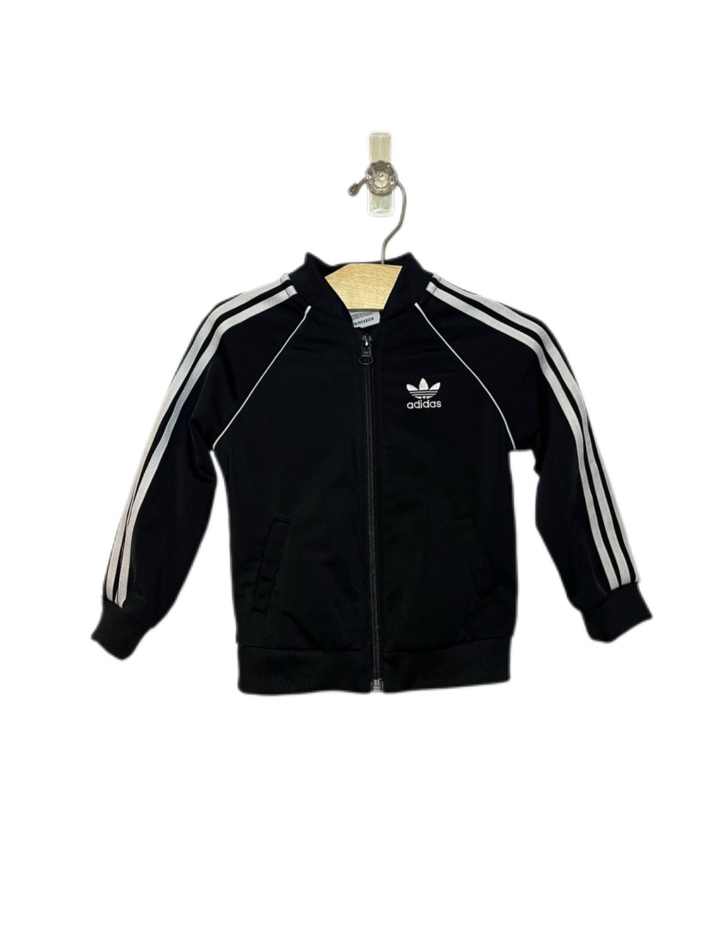 adidas 18m Baby Black Kids Zip-Up Track Jacket with White Stripes